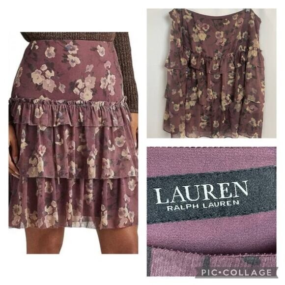 Lauren Ralph Lauren Floral Crinkle Georgette Purple Skirt Size 14W NWT - Picture 1 of 10